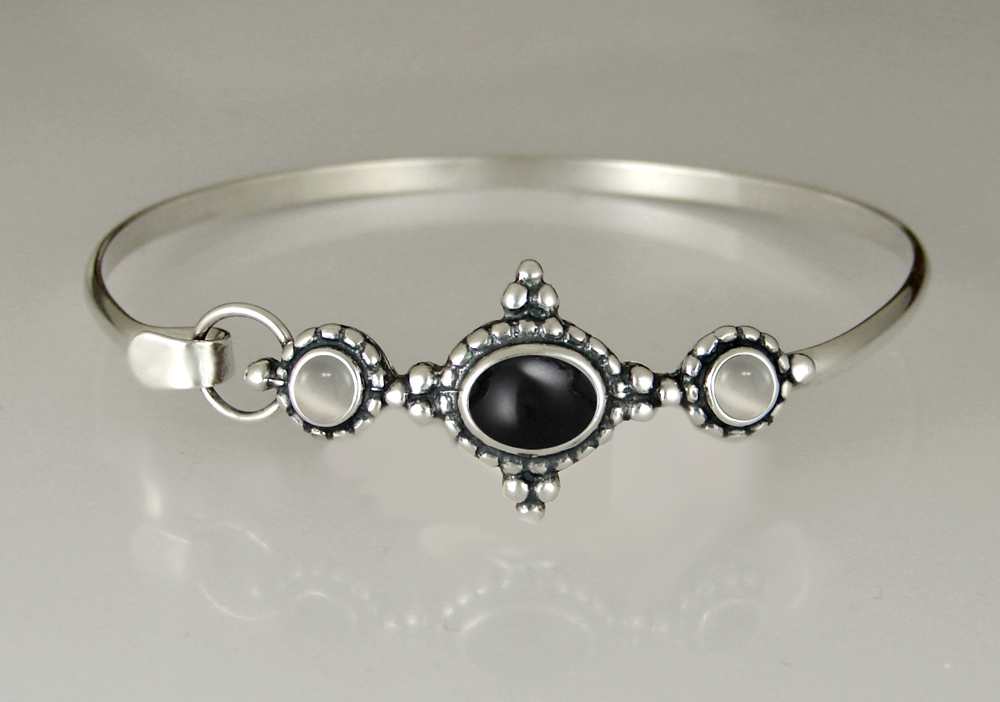 Sterling Silver Strap Latch Spring Hook Bangle Bracelet With Black Onyx And White Moonstone